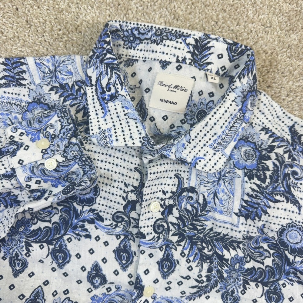 Murano Button Front Shirt Mens XL White Blue‎ Baird McNutt Linen Paisley Floral